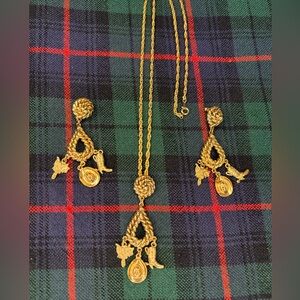 Gold-Tone Western Cowboy Charm Necklace and Earrings Set
